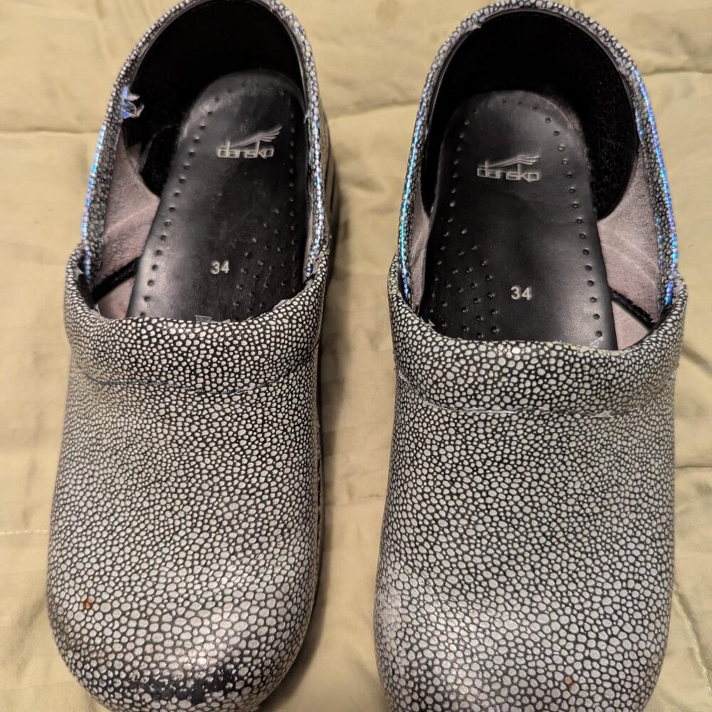 Blue and white leather Danskos